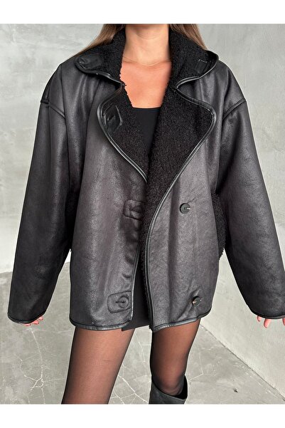 Laluvia Hnědá kudrnatá prémiová kožená bunda-54466