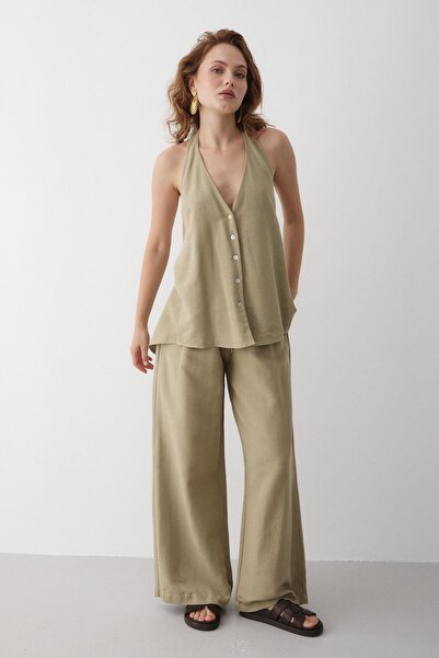 Laluvia Khaki Back Tie Detail Blouse and Pants Set
