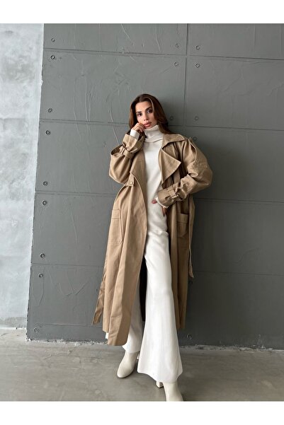 Laluvia Trench din gabardină, cu guler dublu, bej închis, cu nasturi cu apăsare