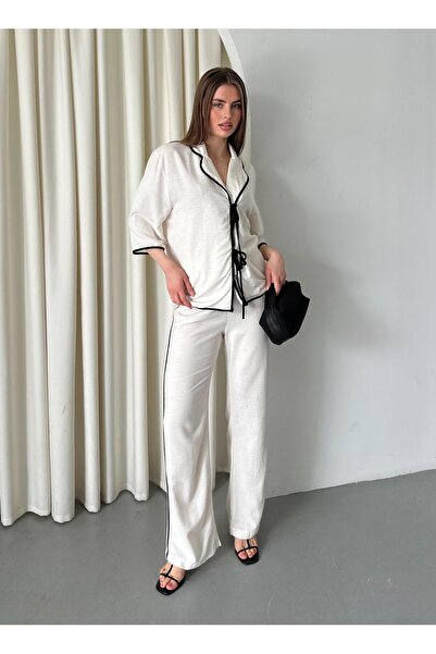 Laluvia Natürlich - Schwarzes Blusen-Hosen-Set mit Paspeln