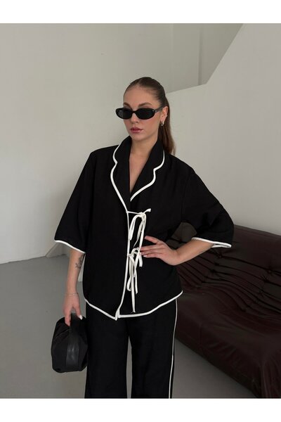 Laluvia Black - Natural Ribbed Blouse Pants Set