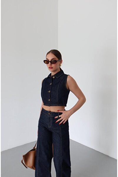 Laluvia Sötétkék galléros mellény, csíkos nadrág farmer szett