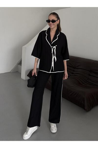 Laluvia Black - Natural Ribbed Blouse Pants Set