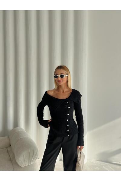 Laluvia Black Collared Rustic Knitted Cardigan