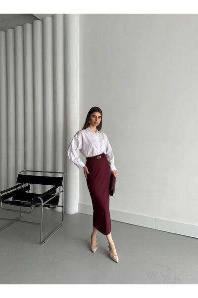 Laluvia Burgundy Belted Pencil Skirt - 1232