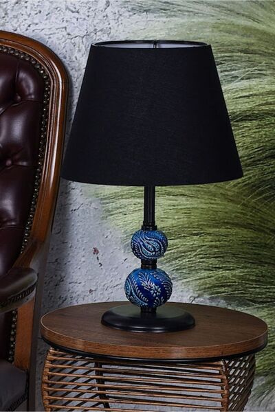 DEDE Dekoratif Mavi Çini Siyah Boya Abajur