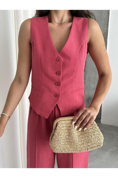 Laluvia Cherry 100% Cotton Lavin Linen Vest Pants Set