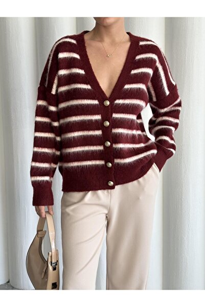 Laluvia Burgundy-Ecru Soft Horizontal Striped Cardigan