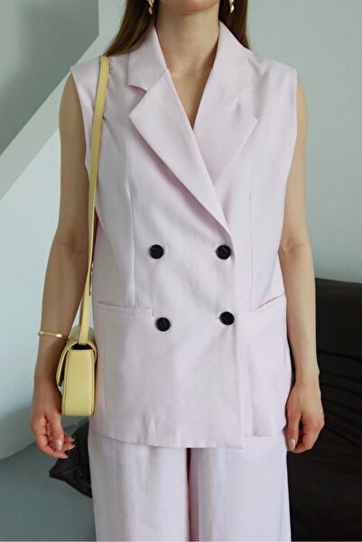 Laluvia Pink Black Buttoned Vest Pants Set