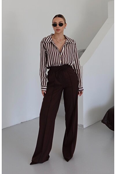 Laluvia Καφέ παντελόνι από πολυβισκόνη με ελαστική μέση και μπροστινή ραφή