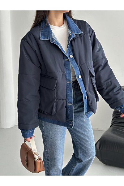 Laluvia Sötétkék farmer részletgazdag kabát