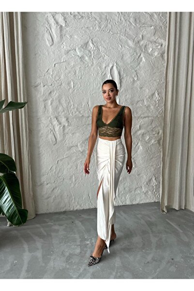 Laluvia Front Gathered Natural Midi Skirt