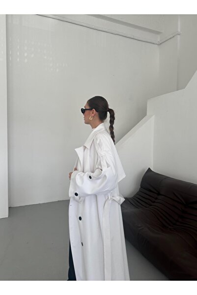 Laluvia White Lucky Oversize Trench Coat with Button Detail