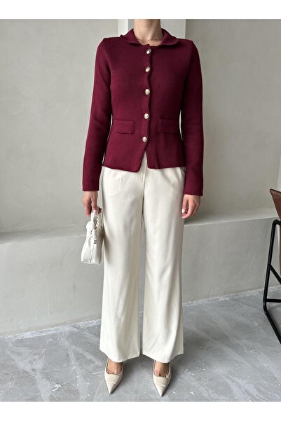 Laluvia Claret Red Cindy Polo Collar Cardigan