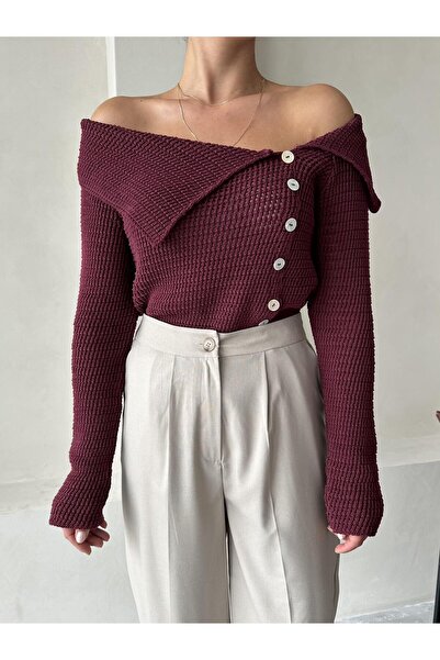 Laluvia Burgundy Collared Rustic Knitted Cardigan