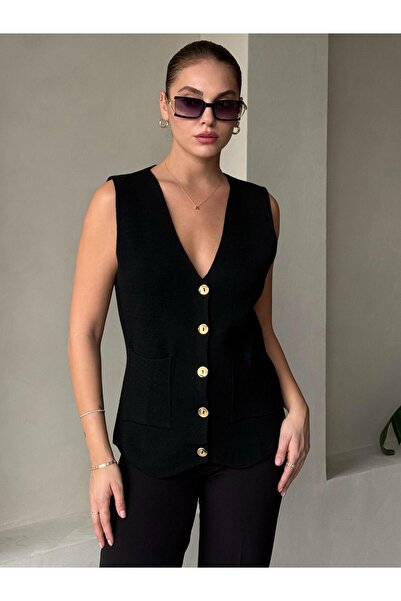 Laluvia Чорний жилет з золотими ґудзиками