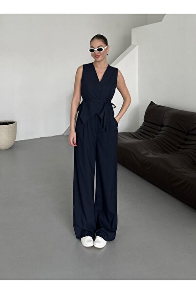 Laluvia Navy Blue Miranda Fabric Vest Trousers Set