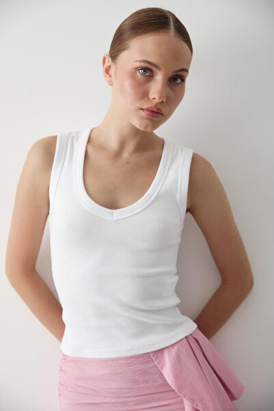 Laluvia Λευκή μπλούζα με ραβδώσεις με λαιμόκοψη σε σχήμα V