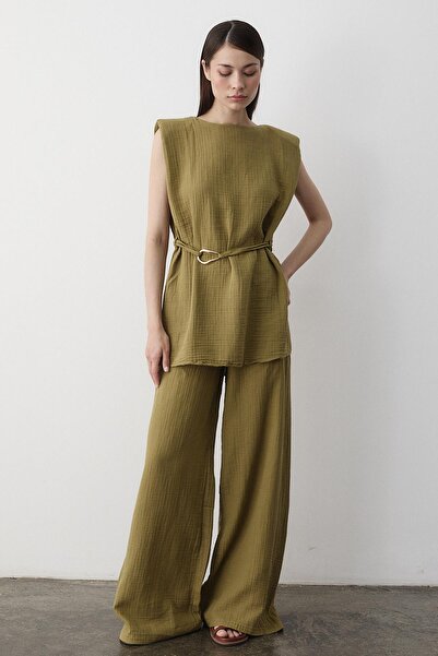 Laluvia Khaki Accessory Detailed Double Set