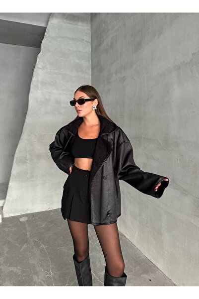 Laluvia Hnědá kudrnatá prémiová kožená bunda-54466