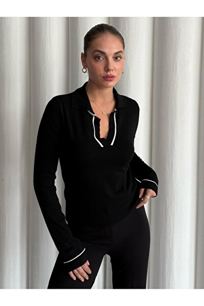 Laluvia Black Sky Long Sleeve Polo Neck Knitwear Blouse