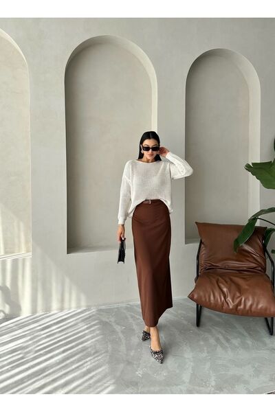 Laluvia Brown Mary Belted Crepe Knitted Skirt