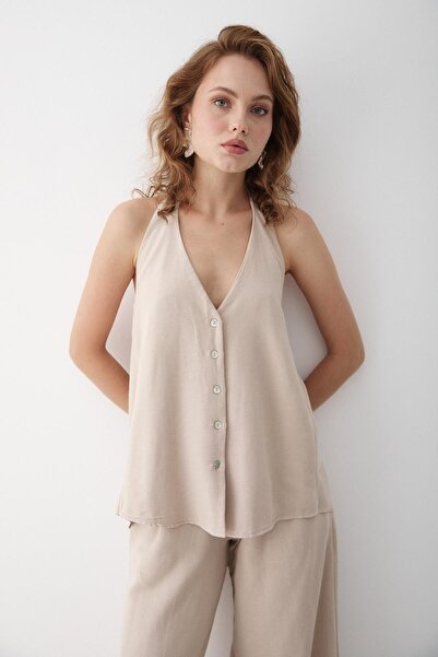 Laluvia Beige Back Tie Detail Blouse and Pants Set