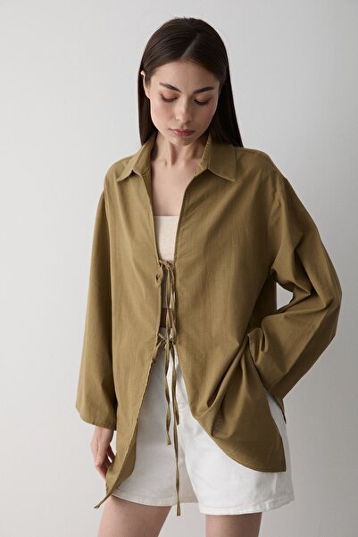 Laluvia Oil Green Kimono Blouse with Lace Detail