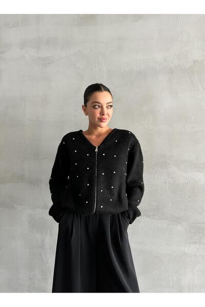 Laluvia Černý kardigan na zip s více mini kamínky