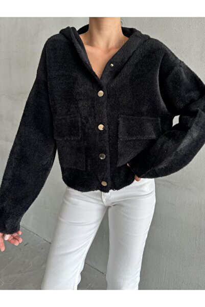 Laluvia Black Pulpy Hooded Buttoned Cardigan with Pockets