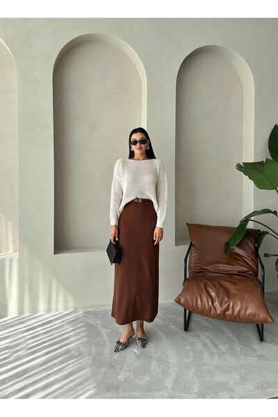 Laluvia Brown Mary Belted Crepe Knitted Skirt