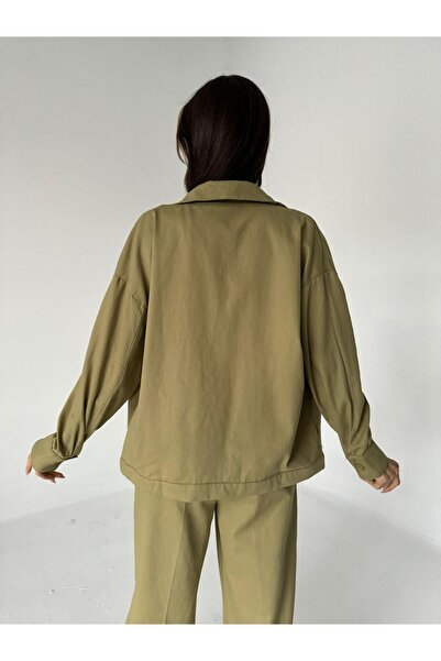 Laluvia Stone Color 100% Cotton Embroidered Gabardine Shirt Jacket