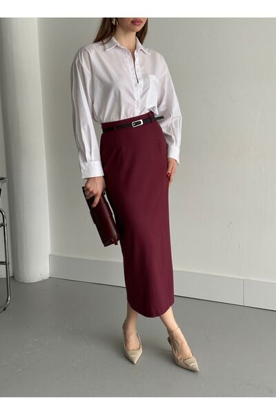 Laluvia Burgundy Belted Pencil Skirt - 1232