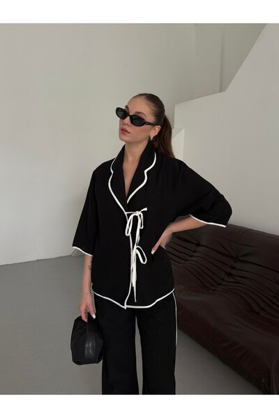 Laluvia Black - Natural Ribbed Blouse Pants Set