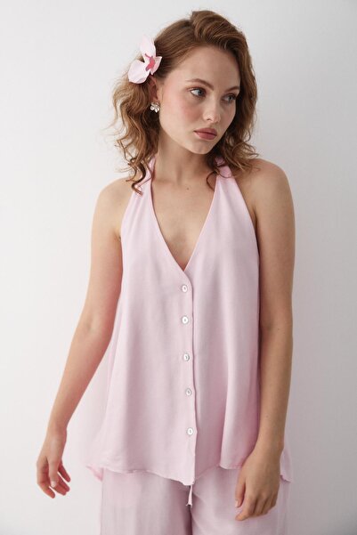 Laluvia Pink Back Tie Detail Blouse Pants Set