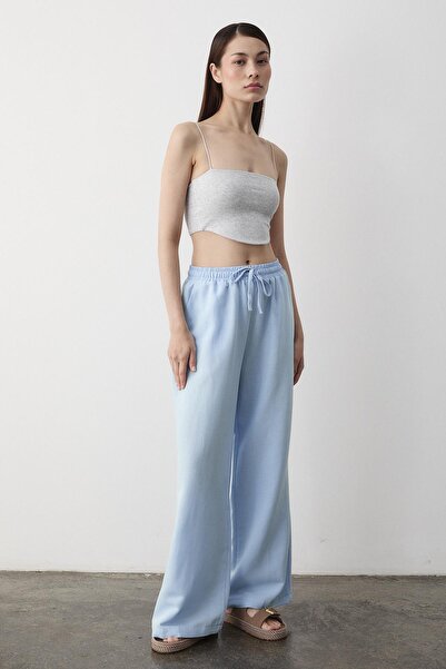Laluvia Blue Wide Leg Trousers with Elastic Waist