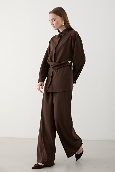 Laluvia Brown Gold Accessory Buttoned Shirt Pants Set - 8856