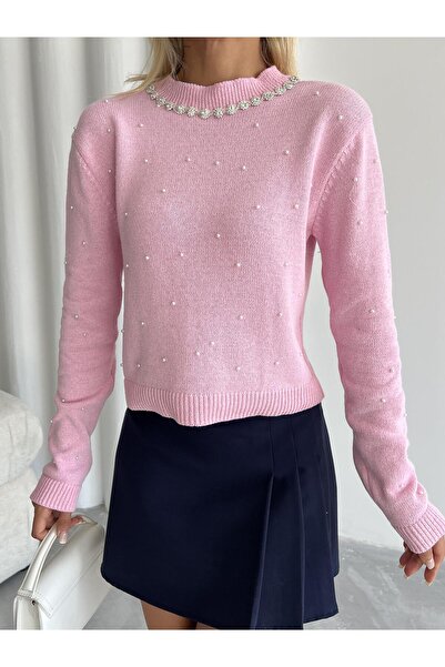 Laluvia Pink Collar Stone Embroidered Pearl Knit Sweater