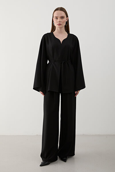 Laluvia Black Drawstring Kimono Set - 8864