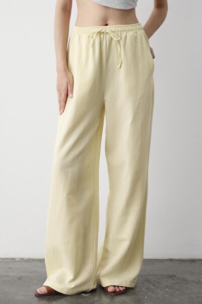 Laluvia Yellow Elastic Waist Cotton Linen Trousers