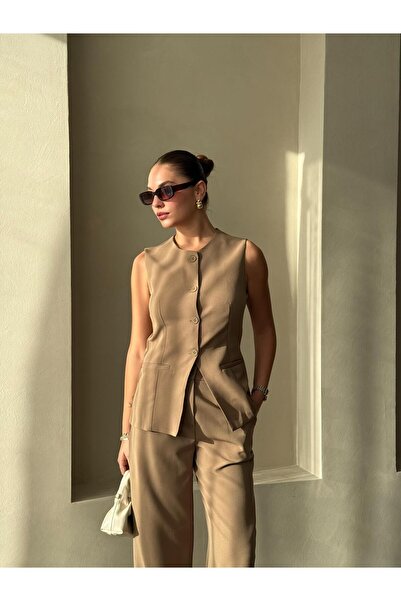 Laluvia Khaki Camille klasszikus gombos mellény nadrág szett