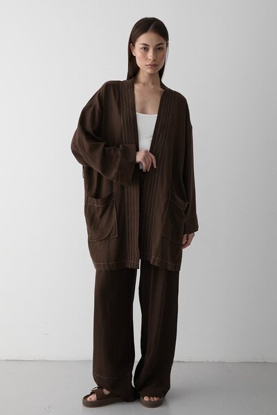 Laluvia Brown Pocket Detailed Belted Kimono Set