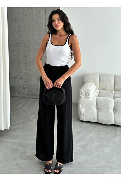 Laluvia Černé bavlněné lněné kalhoty s elastickým pasem