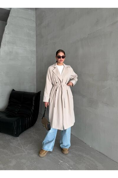 Laluvia Krem Dökümlü Uzun Trençkot