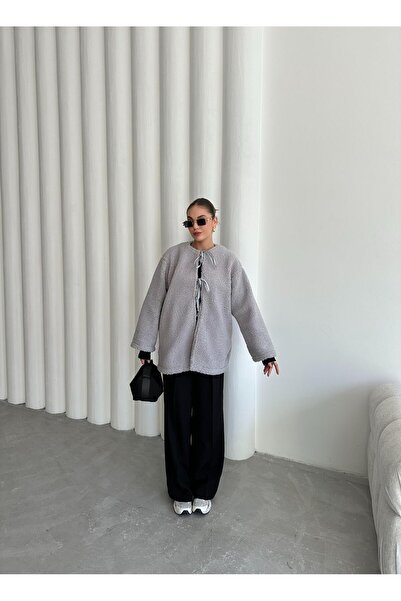 Laluvia Gray Front-Tie Teddy Jacket