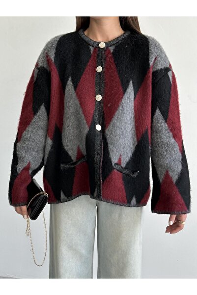 Laluvia Burgundy Silver Buttoned Diamond Patterned Cardigan