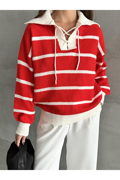 Laluvia Red Mike Polo Collar Red Striped Front Lacing Knitwear Sweater