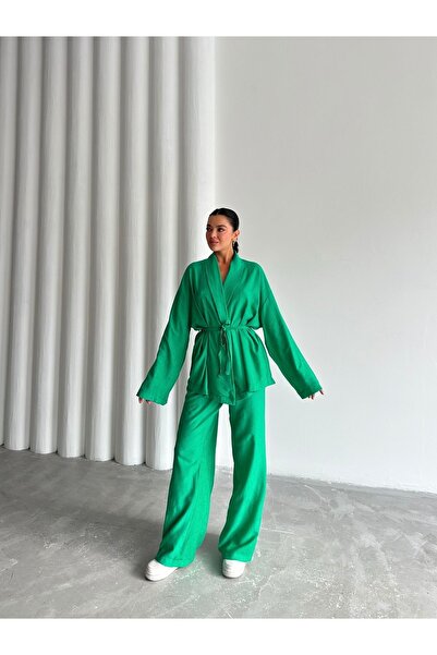 Laluvia Green Kimono and Trousers Set - Shawl Collar