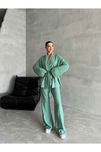 Laluvia Green Shawl Collar Kimono Pants Set