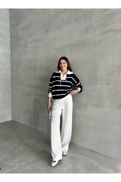 Laluvia Sötétkék Mike Polo nyakú ekrü csíkos elülső csipke kötöttáru pulóver